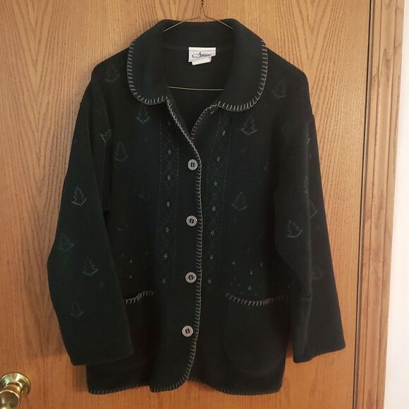 Forest Green Christmas Tree Cardigan Sweater by Artisans Sunshine Designs Sz M - Picture 2 of 4
